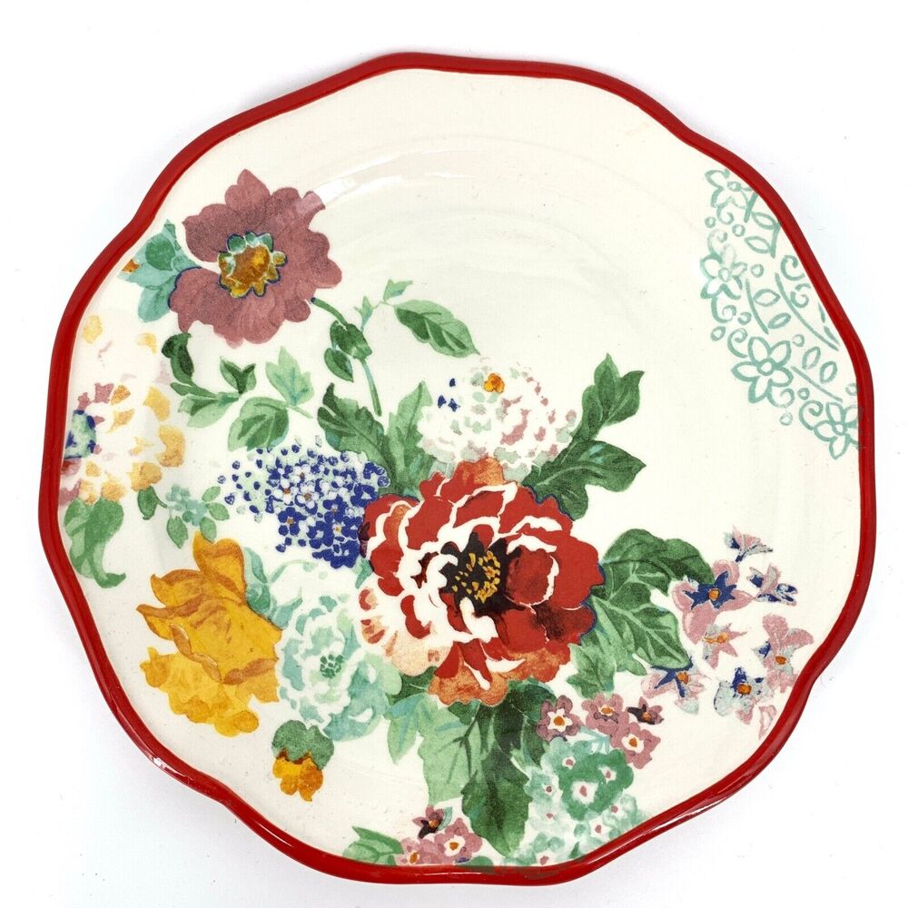 Pioneer Woman Country Plate, Multicolor Floral Red Trim 8 1/2 inches